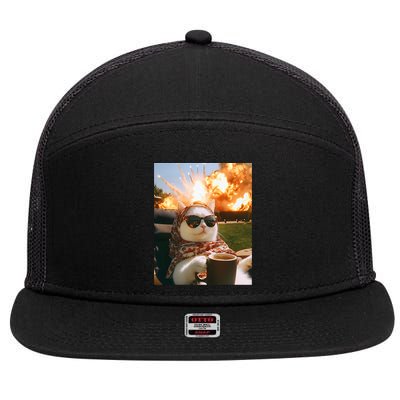 Cat Scarf Meme Drinking Coffee Selfie Chill Explosive Comet  7 Panel Mesh Trucker Snapback Hat