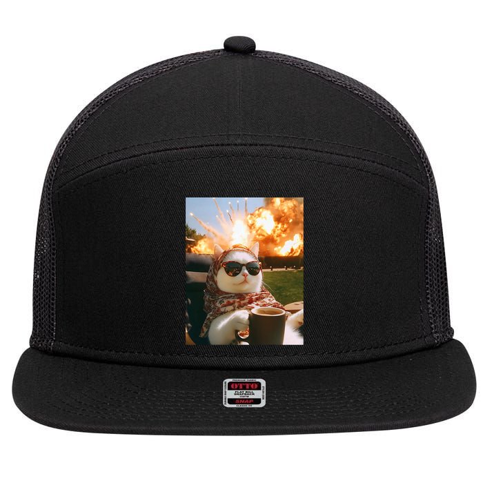 Cat Scarf Meme Drinking Coffee Selfie Chill Explosive Comet  7 Panel Mesh Trucker Snapback Hat
