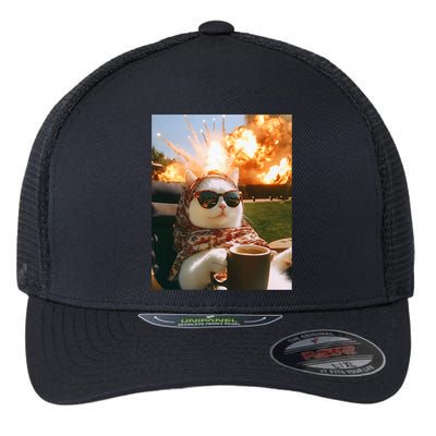 Cat Scarf Meme Drinking Coffee Selfie Chill Explosive Comet  Flexfit Unipanel Trucker Cap