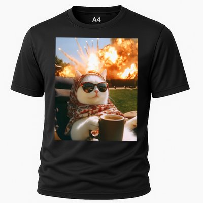 Cat Scarf Meme Drinking Coffee Selfie Chill Explosive Comet  Performance Shirt