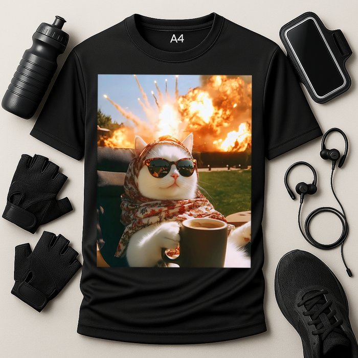 Cat Scarf Meme Drinking Coffee Selfie Chill Explosive Comet  Performance Shirt