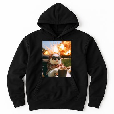 Cat Scarf Meme Drinking Coffee Selfie Chill Explosive Comet  Hoodie