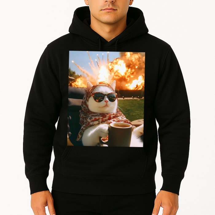 Cat Scarf Meme Drinking Coffee Selfie Chill Explosive Comet  Hoodie
