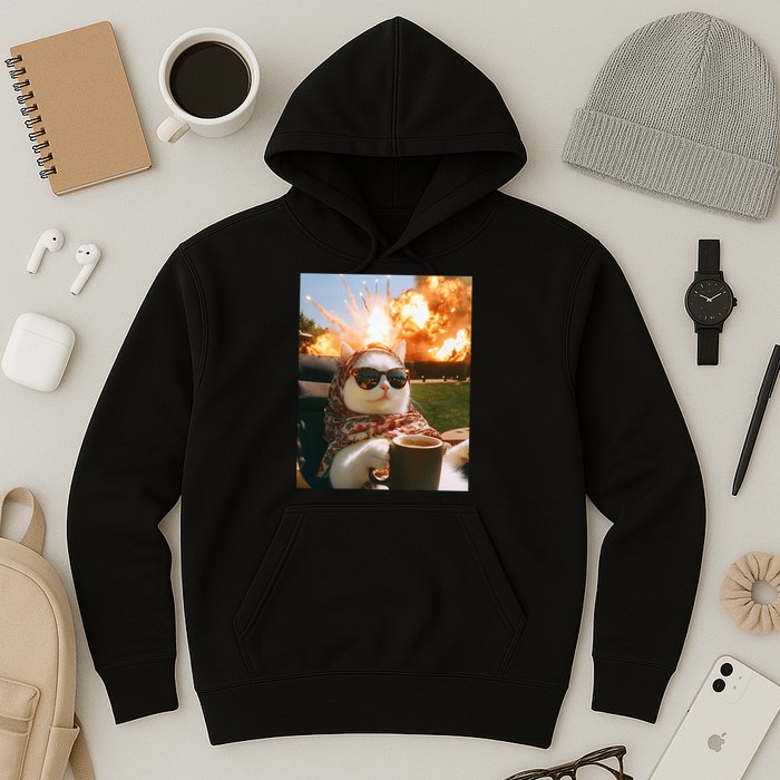 Cat Scarf Meme Drinking Coffee Selfie Chill Explosive Comet  Hoodie