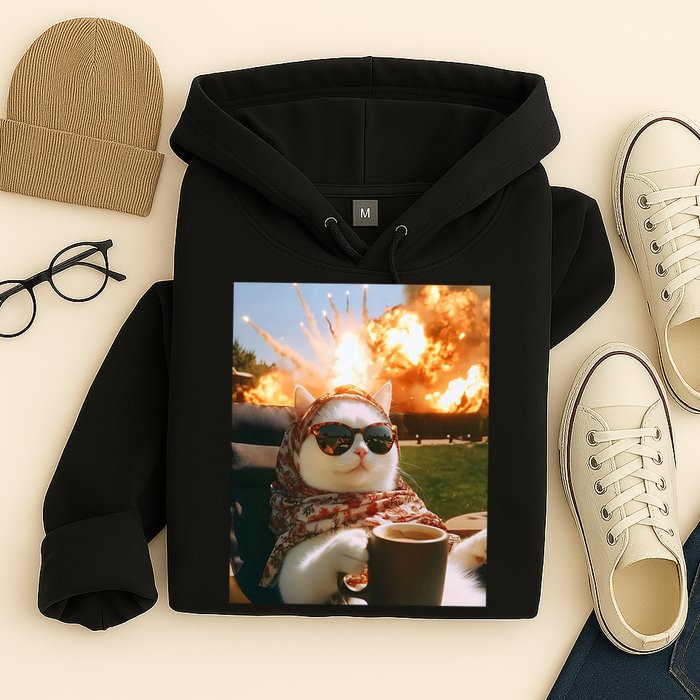 Cat Scarf Meme Drinking Coffee Selfie Chill Explosive Comet  Hoodie