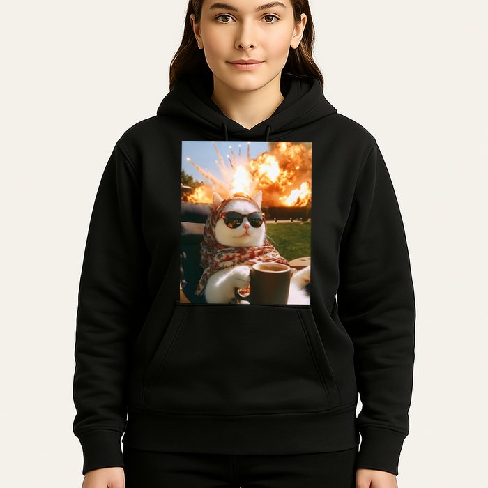 Cat Scarf Meme Drinking Coffee Selfie Chill Explosive Comet  Hoodie
