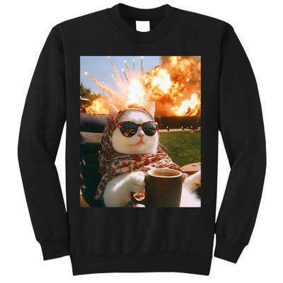Cat Scarf Meme Drinking Coffee Selfie Chill Explosive Comet  Sweatshirt