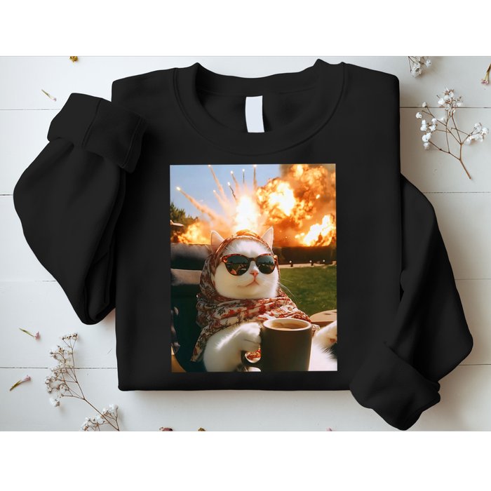 Cat Scarf Meme Drinking Coffee Selfie Chill Explosive Comet  Sweatshirt