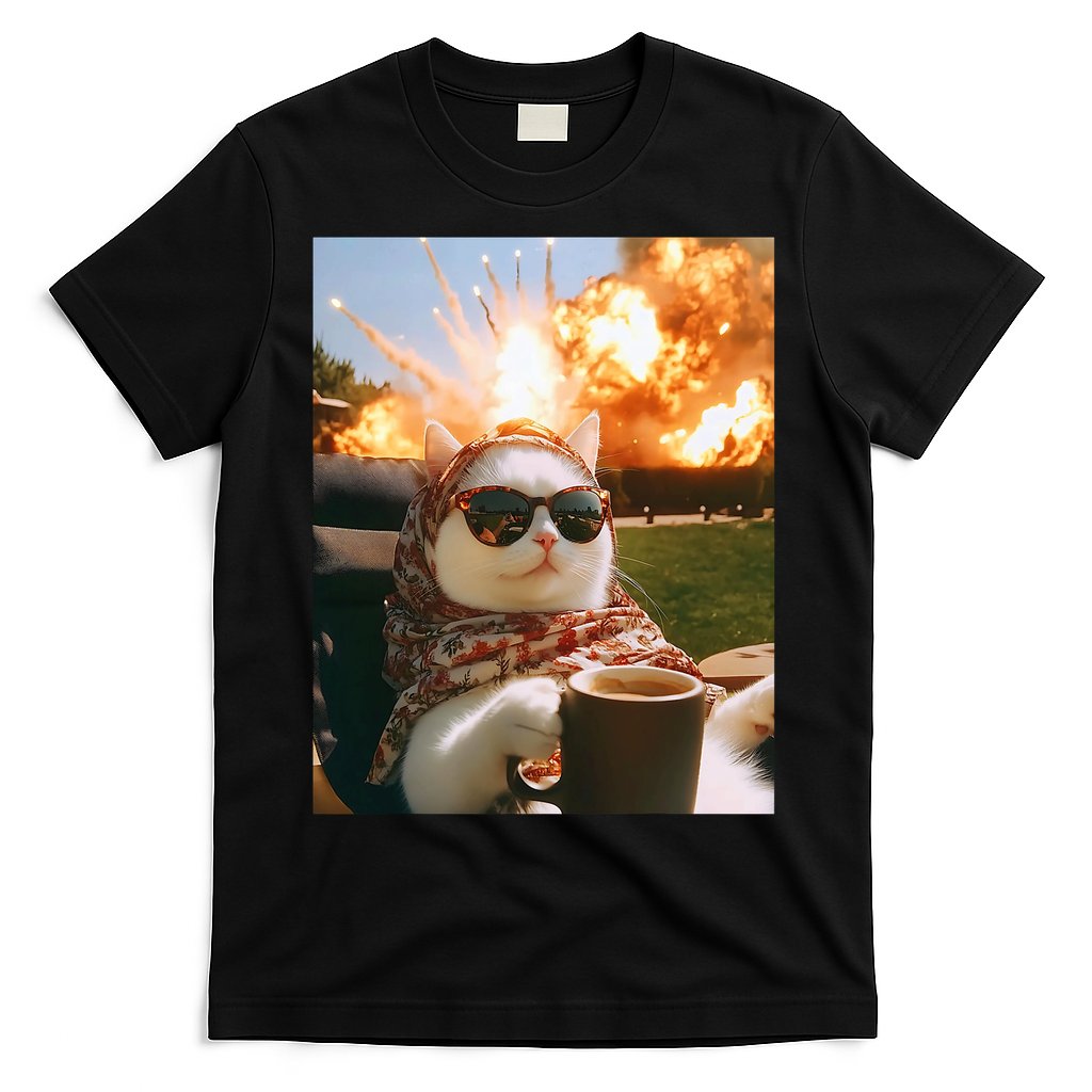 Cat Scarf Meme Drinking Coffee Selfie Chill Explosive Comet  T-Shirt