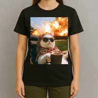 Cat Scarf Meme Drinking Coffee Selfie Chill Explosive Comet  T-Shirt