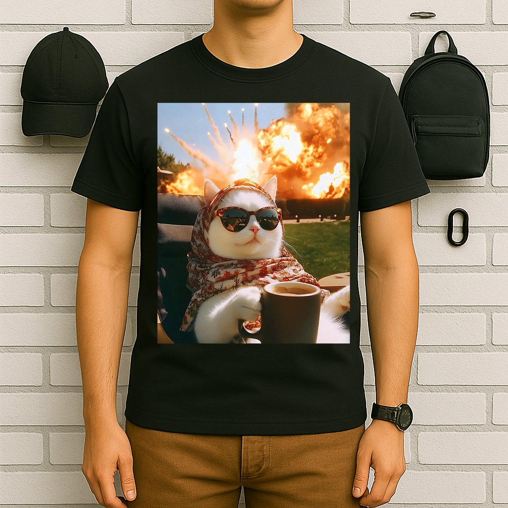 Cat Scarf Meme Drinking Coffee Selfie Chill Explosive Comet  T-Shirt