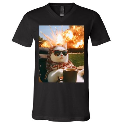Cat Scarf Meme Drinking Coffee Selfie Chill Explosive Comet  V-Neck T-Shirt