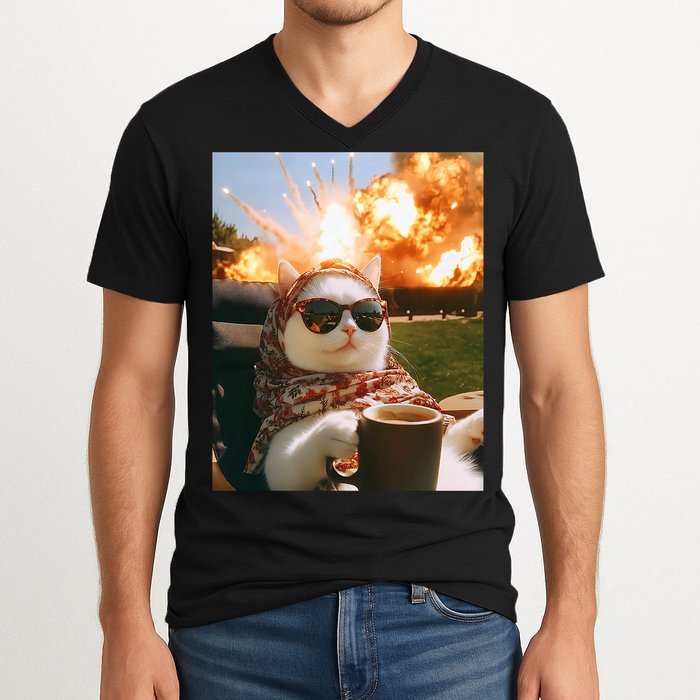 Cat Scarf Meme Drinking Coffee Selfie Chill Explosive Comet  V-Neck T-Shirt