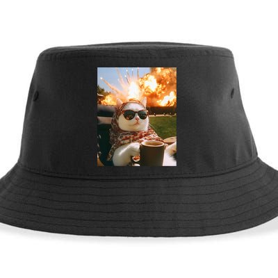 Cat Scarf Meme Drinking Coffee Selfie Chill Explosive Comet  Sustainable Bucket Hat
