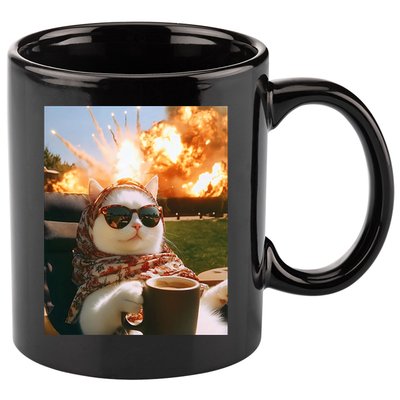 Cat Scarf Meme Drinking Coffee Selfie Chill Explosive Comet  11oz C Handle Ceramic Mug