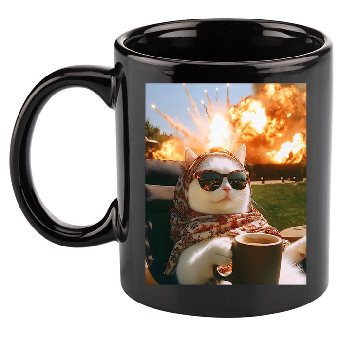 Cat Scarf Meme Drinking Coffee Selfie Chill Explosive Comet  11oz C Handle Ceramic Mug