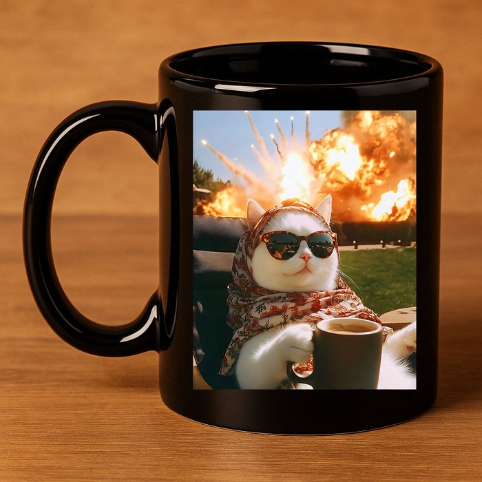 Cat Scarf Meme Drinking Coffee Selfie Chill Explosive Comet  11oz C Handle Ceramic Mug