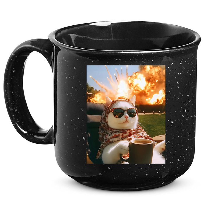 Cat Scarf Meme Drinking Coffee Selfie Chill Explosive Comet  15oz Campfire Ceramic Mug