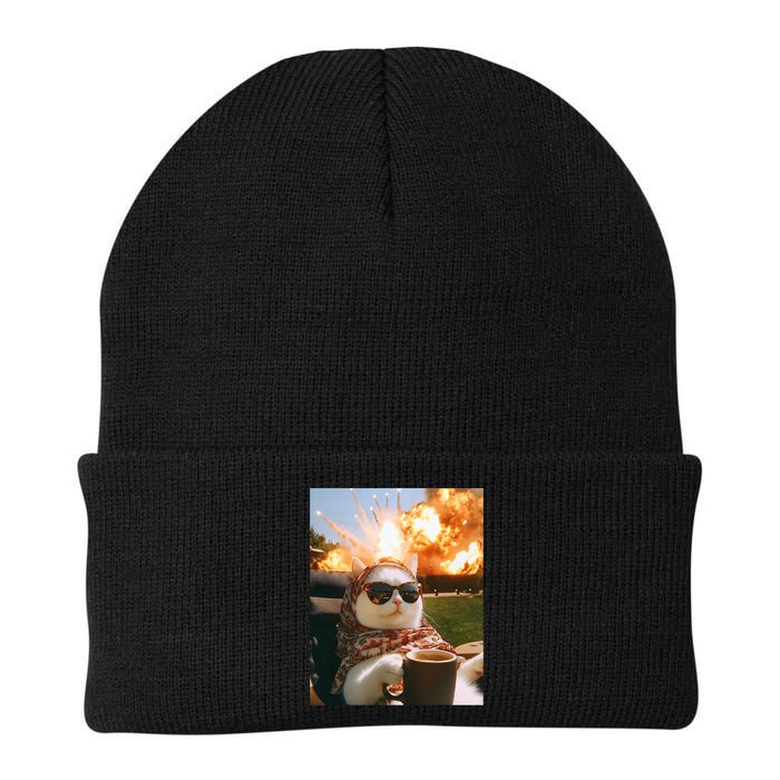 Cat Scarf Meme Drinking Coffee Selfie Chill Explosive Comet  Beanie