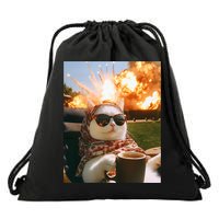 Cat Scarf Meme Drinking Coffee Selfie Chill Explosive Comet  Drawstring Bag