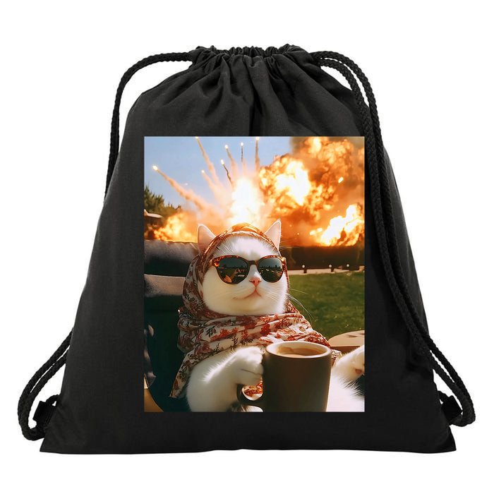 Cat Scarf Meme Drinking Coffee Selfie Chill Explosive Comet  Drawstring Bag