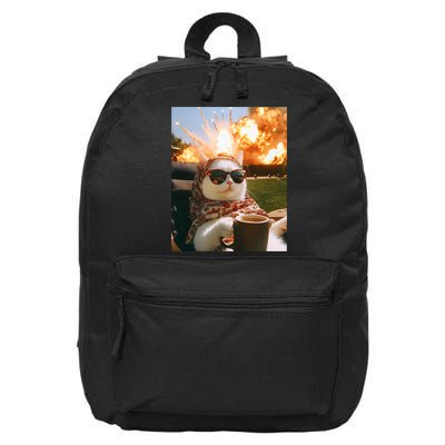 Cat Scarf Meme Drinking Coffee Selfie Chill Explosive Comet  16 in Basic Backpack