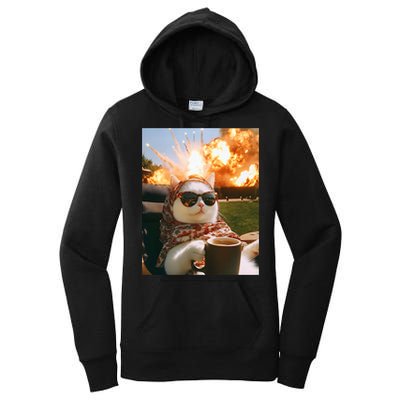 Cat Scarf Meme Drinking Coffee Selfie Chill Explosive Comet  Women's Pullover Hoodie