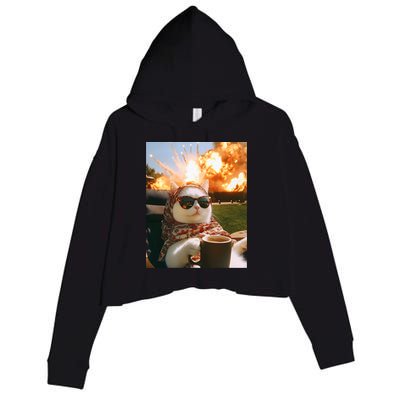 Cat Scarf Meme Drinking Coffee Selfie Chill Explosive Comet  Crop Fleece Hoodie