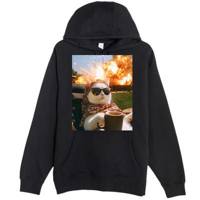Cat Scarf Meme Drinking Coffee Selfie Chill Explosive Comet  Premium Pullover Hoodie