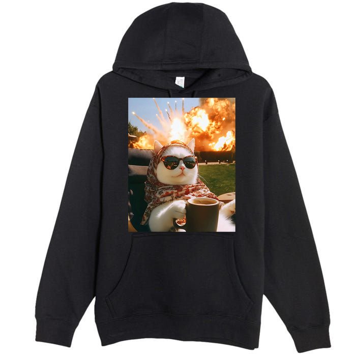 Cat Scarf Meme Drinking Coffee Selfie Chill Explosive Comet  Premium Pullover Hoodie