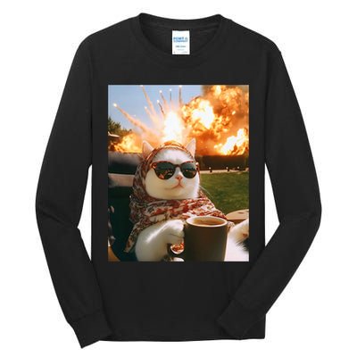 Cat Scarf Meme Drinking Coffee Selfie Chill Explosive Comet  Tall Long Sleeve T-Shirt