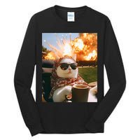 Cat Scarf Meme Drinking Coffee Selfie Chill Explosive Comet  Tall Long Sleeve T-Shirt