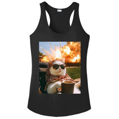Cat Scarf Meme Drinking Coffee Selfie Chill Explosive Comet  Ladies PosiCharge Competitor Racerback Tank