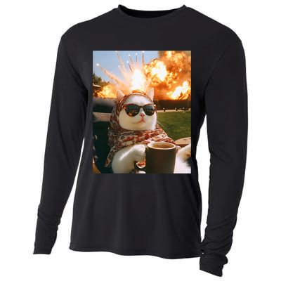 Cat Scarf Meme Drinking Coffee Selfie Chill Explosive Comet  Cooling Performance Long Sleeve Crew