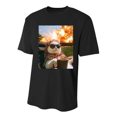 Cat Scarf Meme Drinking Coffee Selfie Chill Explosive Comet  Youth Performance Sprint T-Shirt