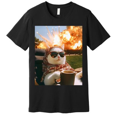 Cat Scarf Meme Drinking Coffee Selfie Chill Explosive Comet  Premium T-Shirt