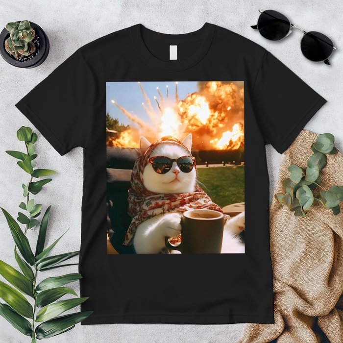 Cat Scarf Meme Drinking Coffee Selfie Chill Explosive Comet  Premium T-Shirt