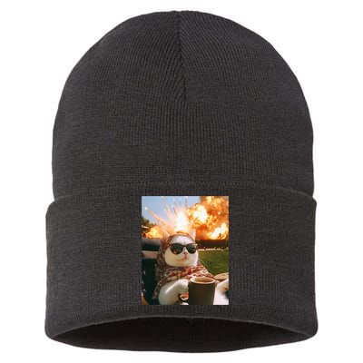 Cat Scarf Meme Drinking Coffee Selfie Chill Explosive Comet  Sustainable Knit Beanie