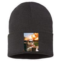 Cat Scarf Meme Drinking Coffee Selfie Chill Explosive Comet  Sustainable Knit Beanie