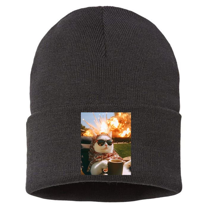 Cat Scarf Meme Drinking Coffee Selfie Chill Explosive Comet  Sustainable Knit Beanie