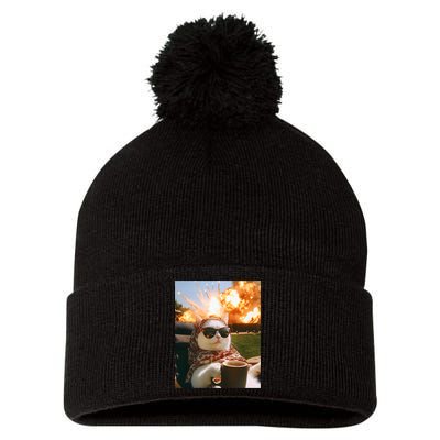 Cat Scarf Meme Drinking Coffee Selfie Chill Explosive Comet  Pom Pom 12in Knit Beanie