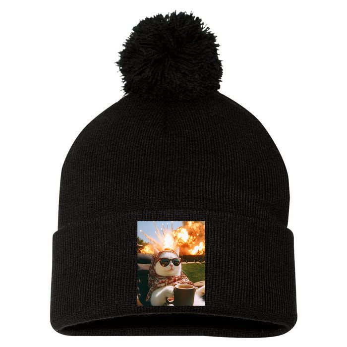 Cat Scarf Meme Drinking Coffee Selfie Chill Explosive Comet  Pom Pom 12in Knit Beanie