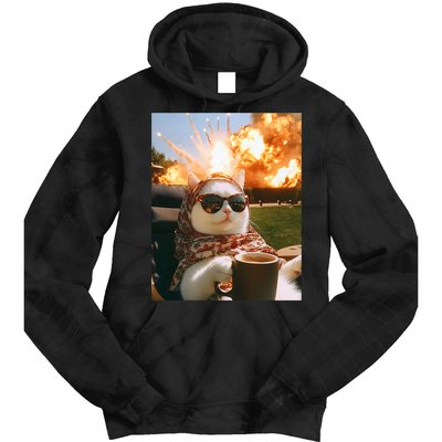Cat Scarf Meme Drinking Coffee Selfie Chill Explosive Comet  Tie Dye Hoodie