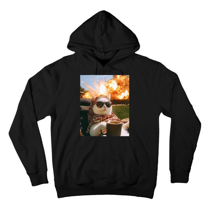 Cat Scarf Meme Drinking Coffee Selfie Chill Explosive Comet  Tall Hoodie