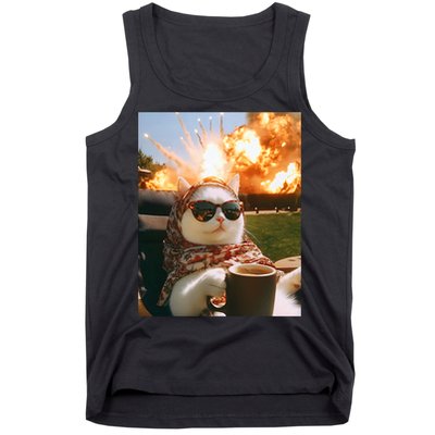 Cat Scarf Meme Drinking Coffee Selfie Chill Explosive Comet  Tank Top
