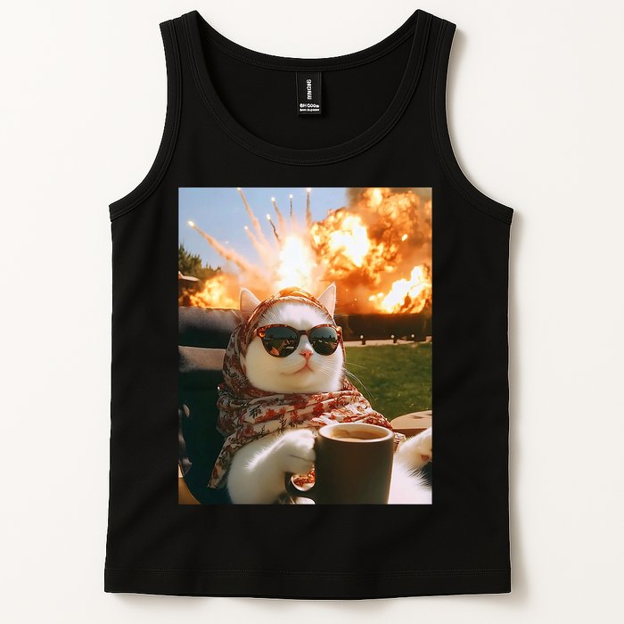 Cat Scarf Meme Drinking Coffee Selfie Chill Explosive Comet  Tank Top
