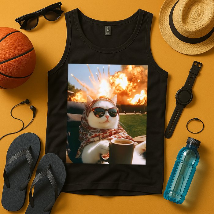 Cat Scarf Meme Drinking Coffee Selfie Chill Explosive Comet  Tank Top