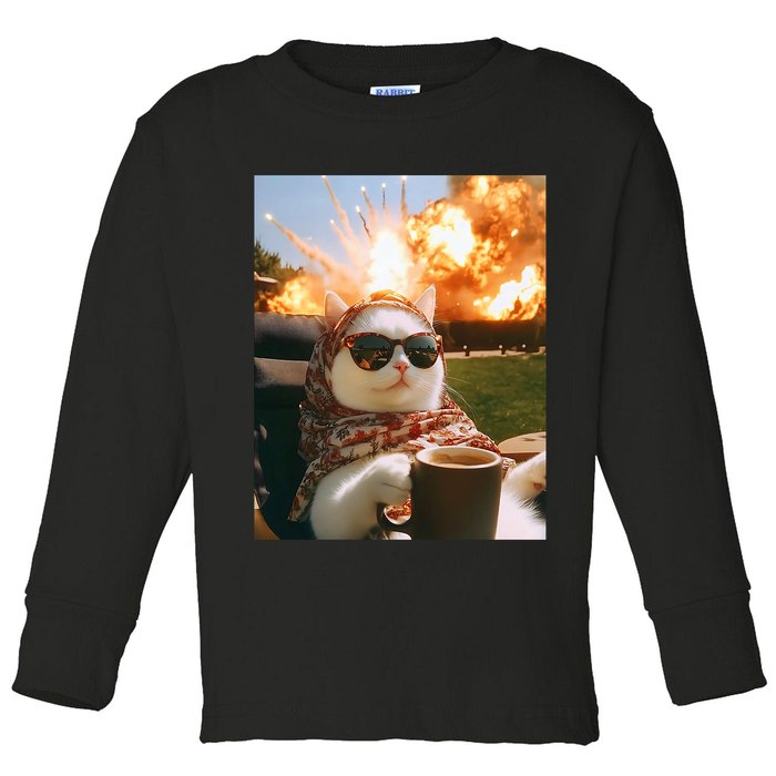 Cat Scarf Meme Drinking Coffee Selfie Chill Explosive Comet  Toddler Long Sleeve Shirt