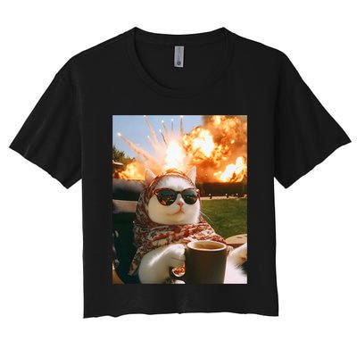 Cat Scarf Meme Drinking Coffee Selfie Chill Explosive Comet  Crop Top