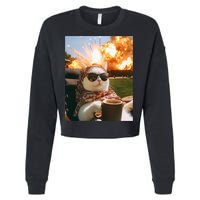 Cat Scarf Meme Drinking Coffee Selfie Chill Explosive Comet  Cropped Pullover Crew